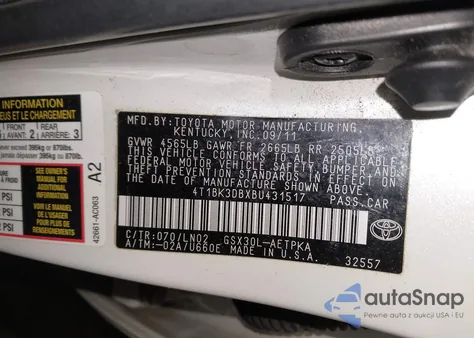 2011 Toyota Avalon Limited z USA, uszkodzony, nr VIN 4T1BK3DBXBU431517